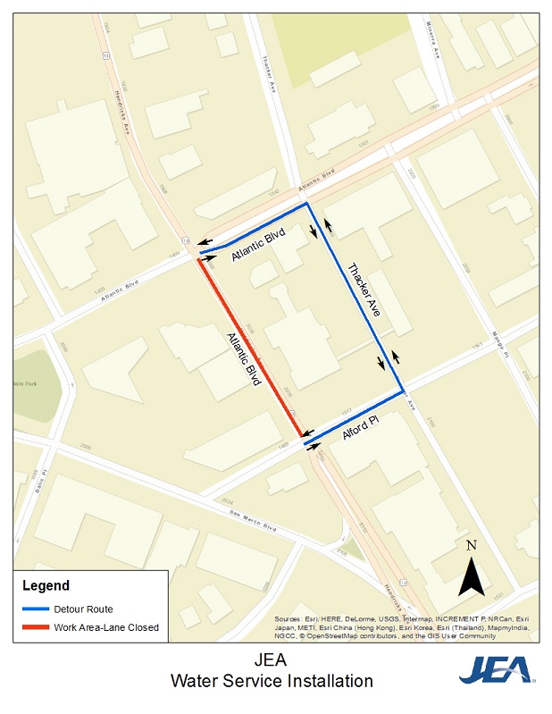 JEA Water Installation Project - Hendricks Ave Detour Map